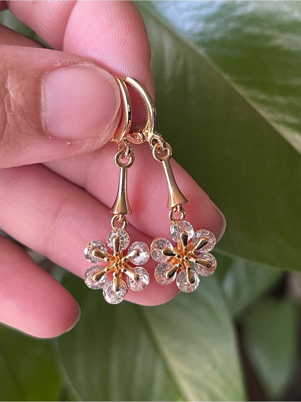 Gold Flower Drop Earrings - Elegant Crystal Petal Dangle